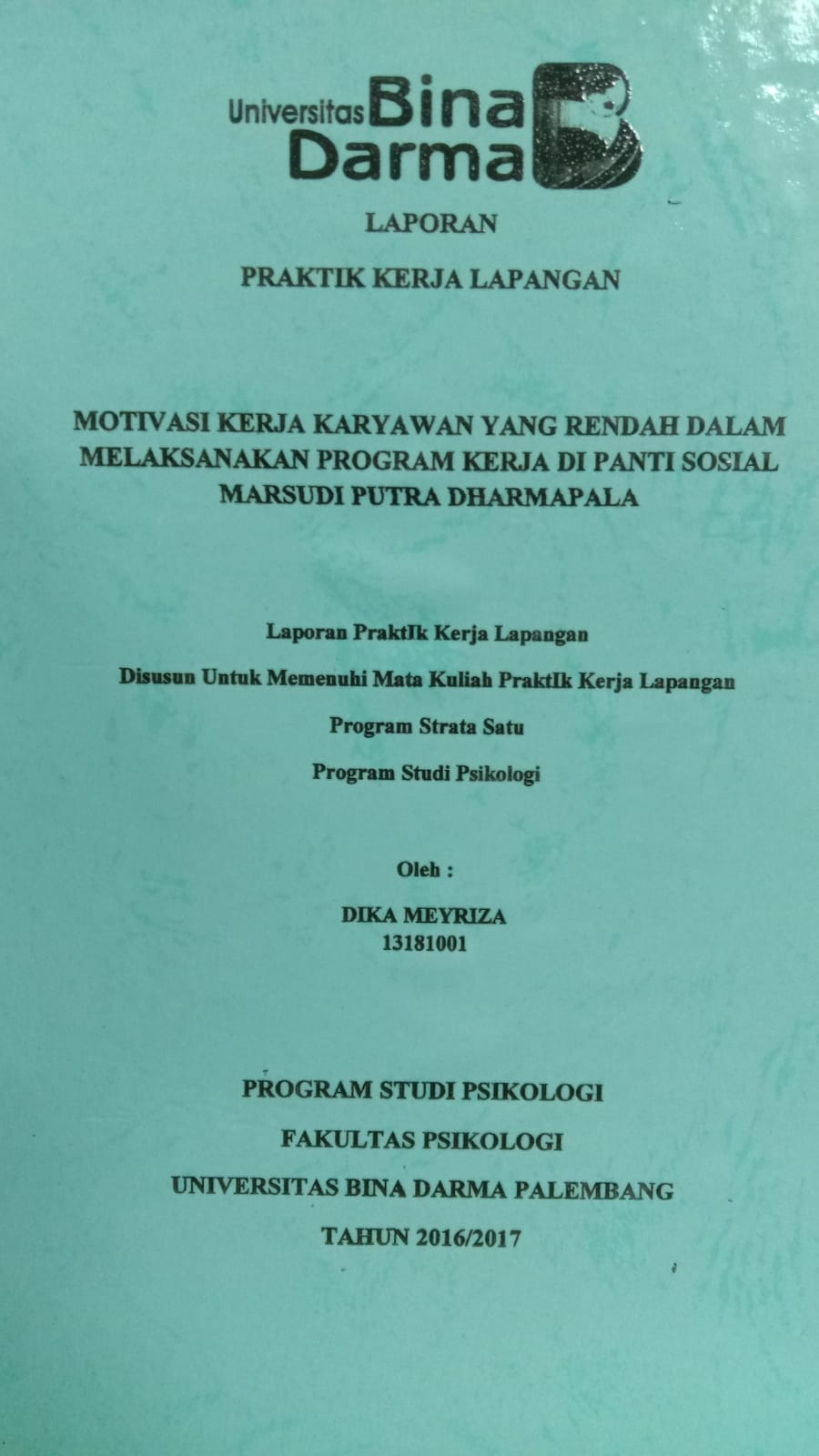 Cover MOTIVASI KERJA KARYAWAN YANG RENDAH DALAM MELAKSANAKAN PROGRAM KERJA DI PANTI SOSIAL MARSUDI PUTRA DHARMAPALA / DIKA MEYRIZA