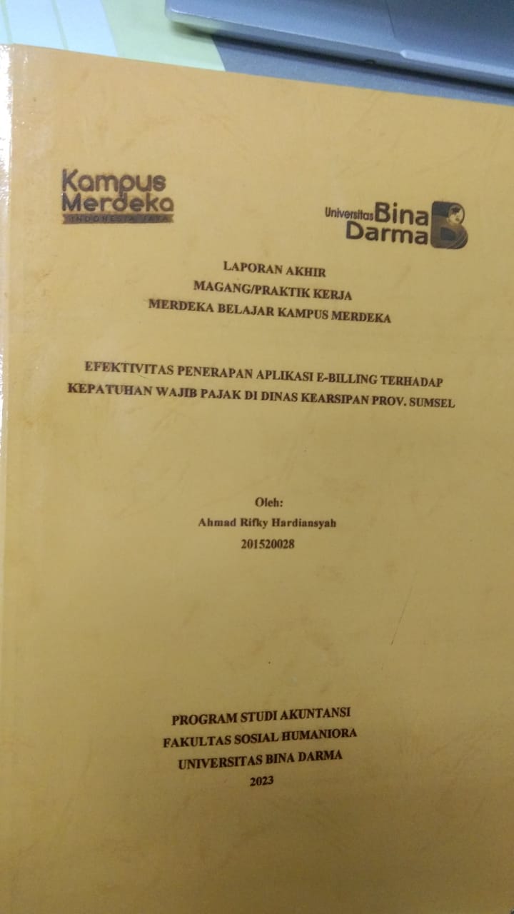 Cover EFEKTIVITAS PENERAPAN APLIKASI E-BILLING TERHADAP KEPATUHAN WAJIB PAJAK DI DINAS KEARSIPAN PROV. SUMSEL / AHMAD RIFKY HARDIANSYAH