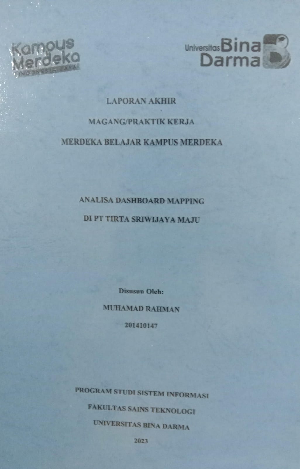 Cover ANALISA DASHBOARD MAPPING DI PT TIRTA SRIWIJAYA MAJU / MUHAMAD RAHMAN