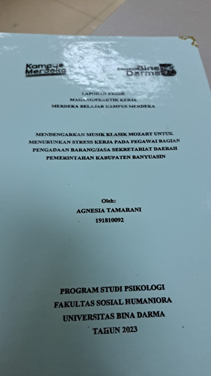 Cover MENDENGARKAN MUSIK KLASIK MOZART UNTUK MENURUNKAN STRESS KERJA PADA PEGAWAI BAGIAN PENGADAAN BARANG/JASA SAKRETARIAT DAERAH PEMERINTAH KABUPATEN BANYUASIN / AGNESIA TAMARANI