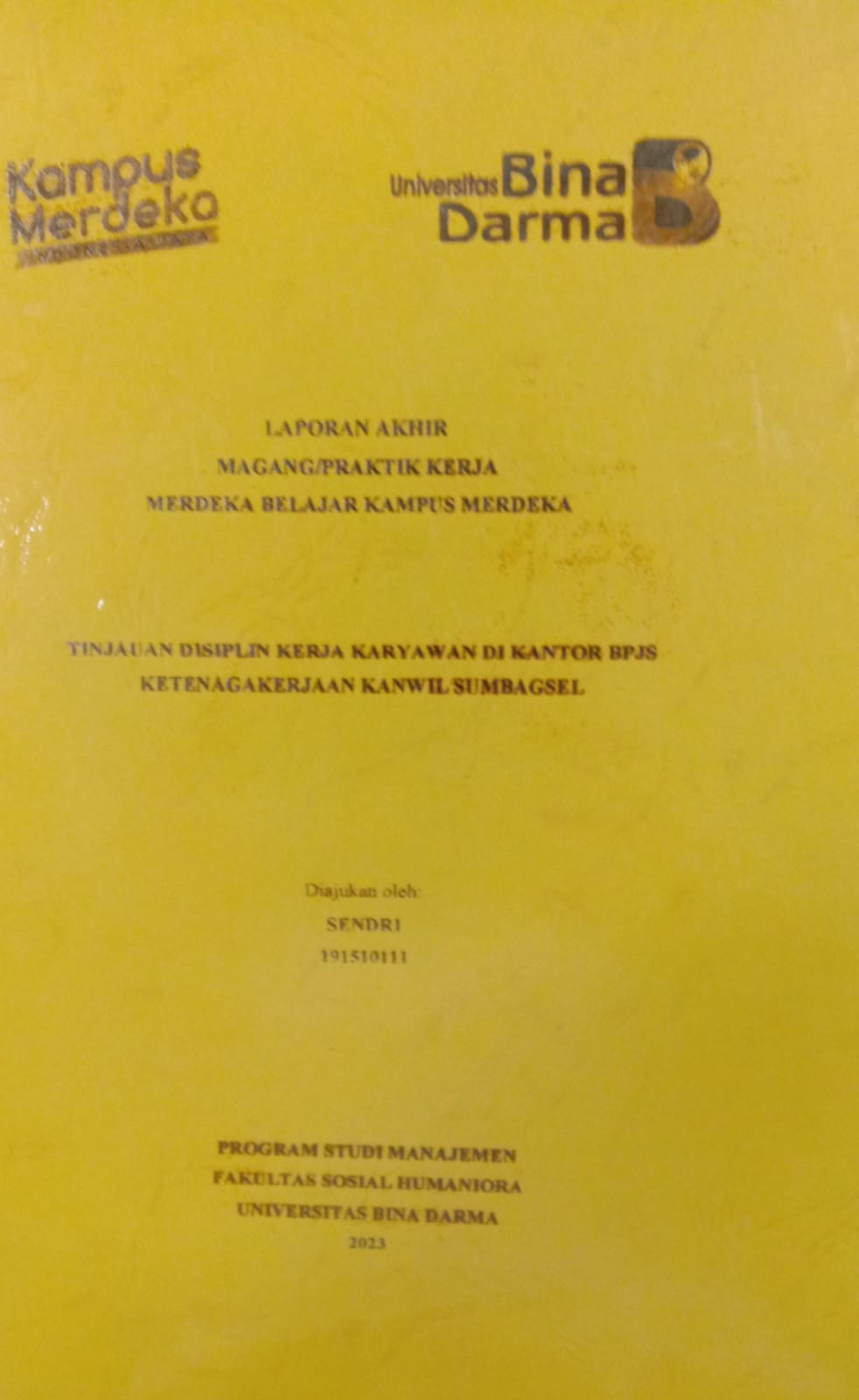 Cover TINJAUAN DISIPLIN KERJA KARYAWAN DI KANTOR NPJS KETENAGAKERJAAN KANWIL SUMBAGSEL / SENDRI