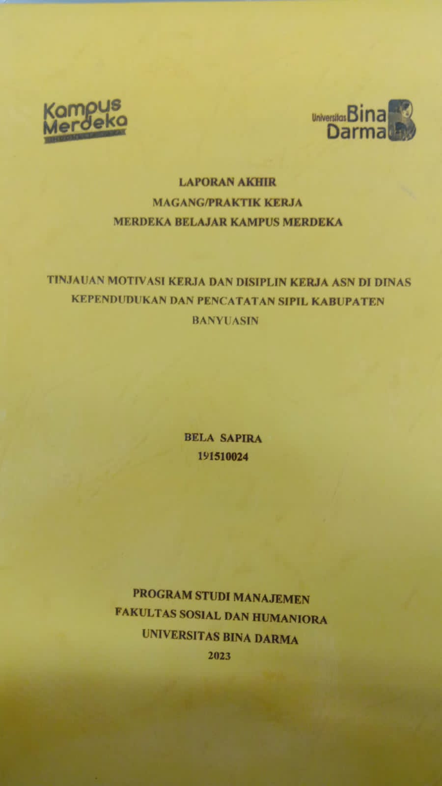 Cover TINJAUAN MOTIVASI KERJA DAN DISIPLIN KERJA ASN DI DINAS KEPENDUDUKAN DAN PENCATATAN SIPIL KABUPATEN BANYUASIN / BELA SAPIRA