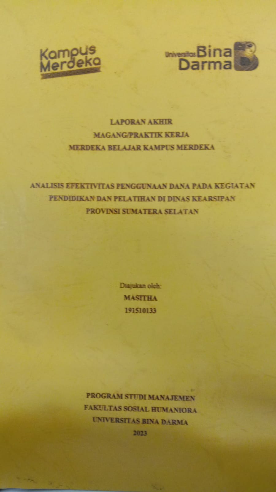 Cover ANALISIS EFEKTIVITAS PENGGUNAAN DANA PADA KEGIATAN PENDIDIKAN DAN PELATIHAN DI DINAS KEARSIPAN PROVINSI SUMATERA SELATAN / MASITHA