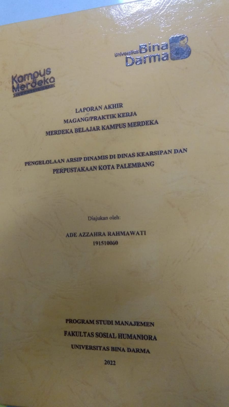 Cover PENGELOLAAN ARSIP DINAMIS DI DINAS KEARSIPAN DAN PERPUSTAKAAN KOTA PALEMBANG / ADE AZZAHRA RAHMAWATI