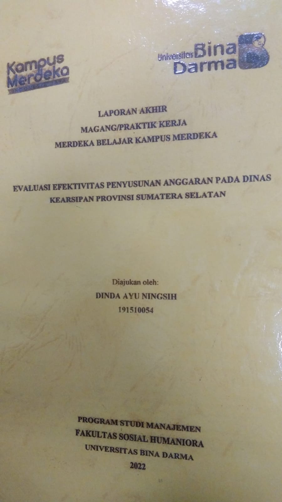 Cover EVALUASI EFEKTIVITAS PENYUSUNAN ANGGARAN PADA DINAS KEARSIPAN PROVINSI SUMATERA SELATAN / DINDA AYU NINGSIH
