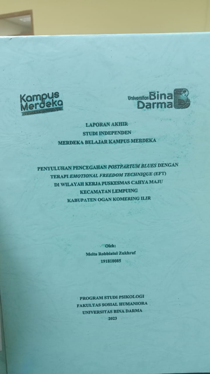 Cover PENYULUHAN PENCEGAHAN POSTPARTUM BLIES DENGAN TERAPI EMOTIONAL FREEDOM TECHNIQUE (EFT) DI WILAYAH KERJA PUSKESMAS CAHYA MAJU KECAMATAN LEMPUING KABUPATEN OGAN KOMERING ILIR / MEITA ROBBIATUL  ZUKHRUH