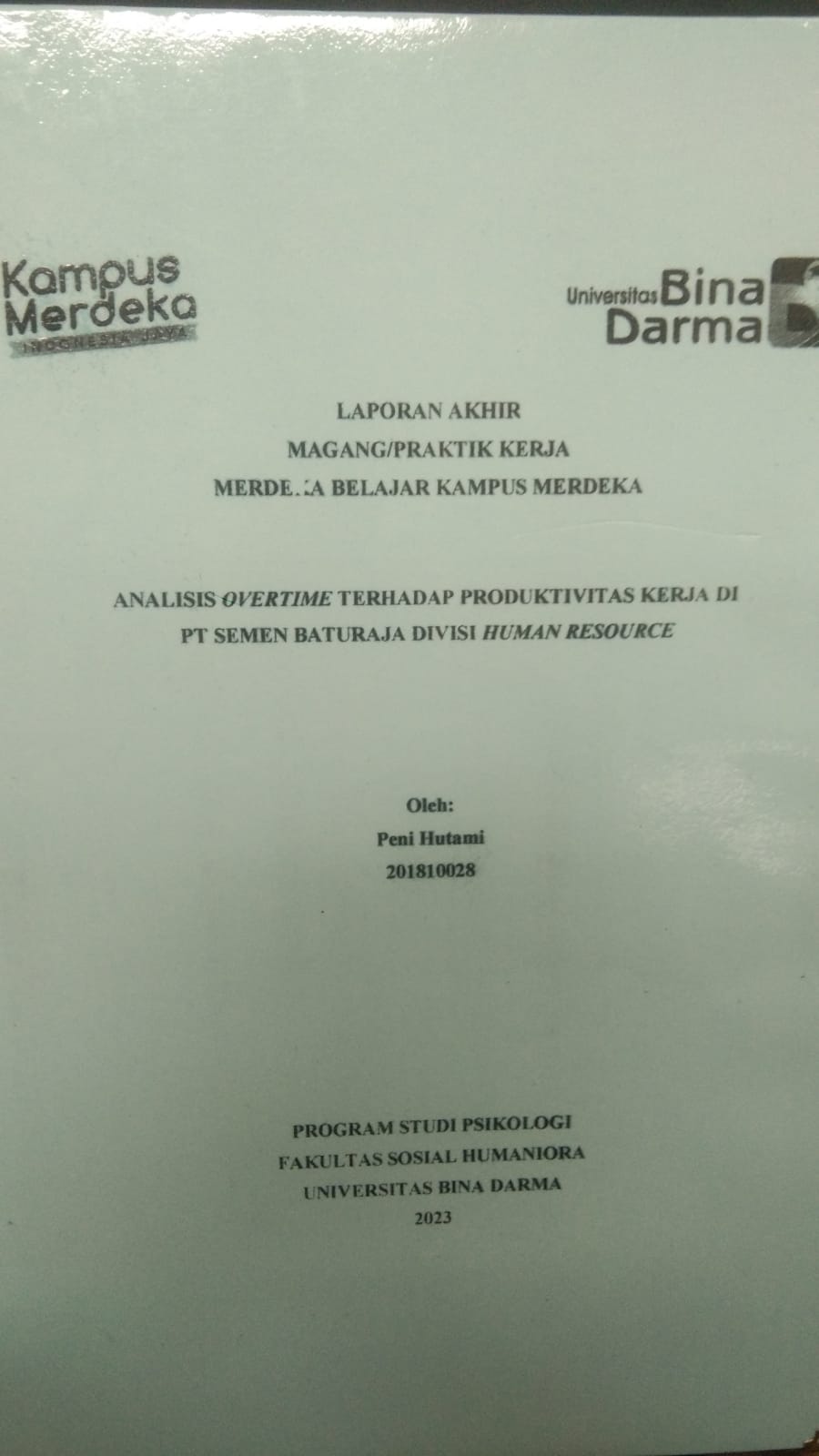 Cover ANALISIS OVERTIME TERHADAP PRODUKTIVITAS KERJA DI PT SEMEN BATURAJA DIVISI HUMAN RESOURCE / PENI HUTAMI