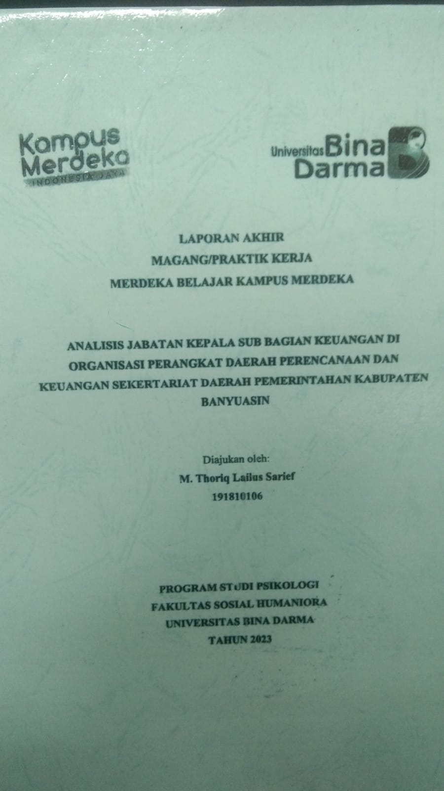 Cover ANALISIS JABATAN KEPALA SUB BAGIAN KEUANGAN DI ORGANISASI PERANGKAT DAERAH PERENCANAAN DAN KEUANGAN SEKERTARIAT DAERAH PEMERINTAHAN KABUPATEN BANYUASIN / M. THORIQ LAILUS SARIEF