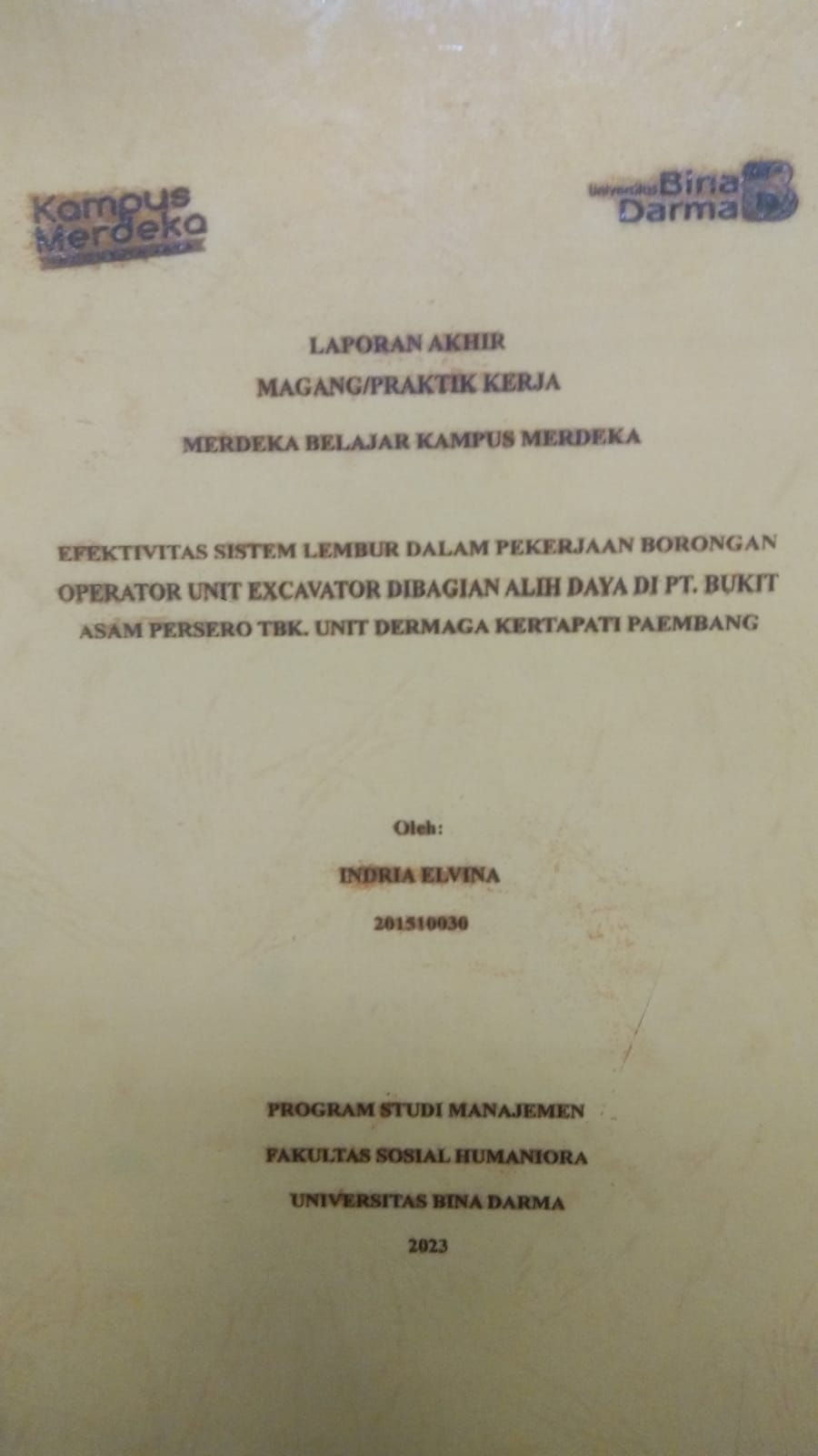 Cover EFEKTIVITAS SISTEM LEMBUR DALAM PEKERJAAN BORONGAN OPERATOR UNIT EXCAVATOR DI BAGIAN ALIH DAYA DI PT. BUKIT ASAM PERSERO TBK. UNIT DERMAGA KERTAPATI PALEMBANG / INDRIA ELVINA