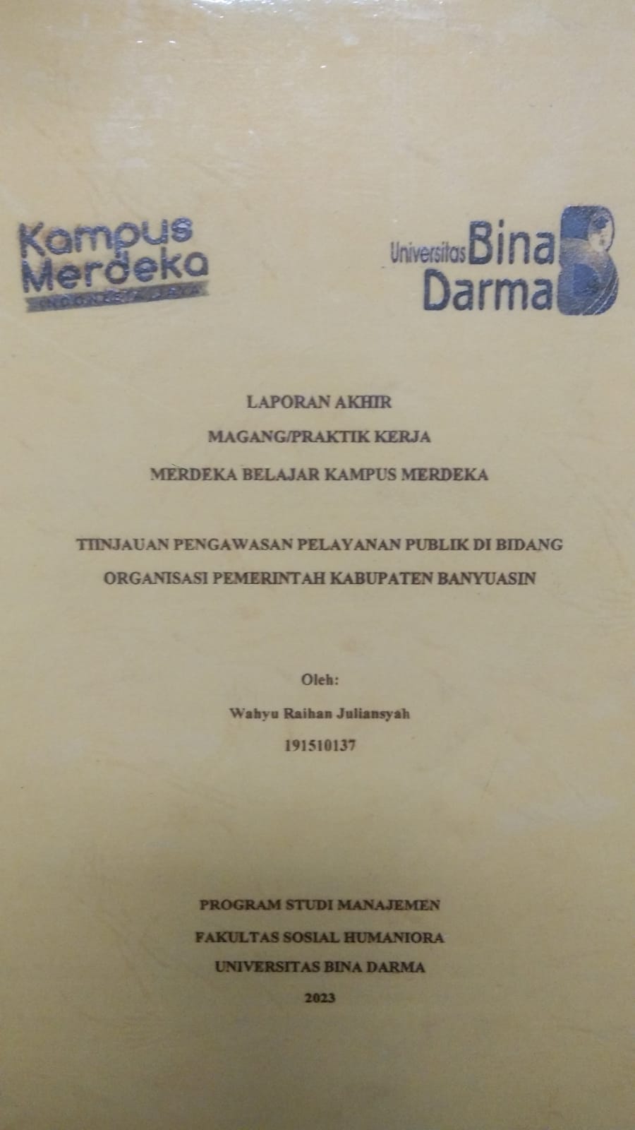 Cover TINJAUAN PENGAWASAN PELAYANAN PUBLIK DI BIDANG ORGANISASI PEMERINTAH KABUPATEN BANYUASIN / WAHYU RAIHAN JULIANSYAH