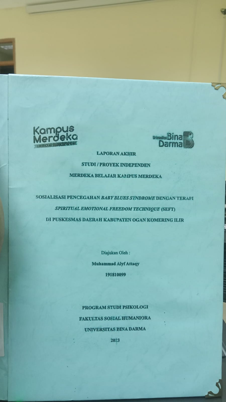 Cover SOSIALISASI PENCEGAHAN BABY BLUES  SYNDROME DENGAN TERAPI SPRITUAL EMOTIONAL FREEDOM TECHNIQUE (SEFT) DI PUSKESMAS DAERAH KABUPATEN OGAN KOMERING ILIR / MUHAMMAD ALYF ATTAQY