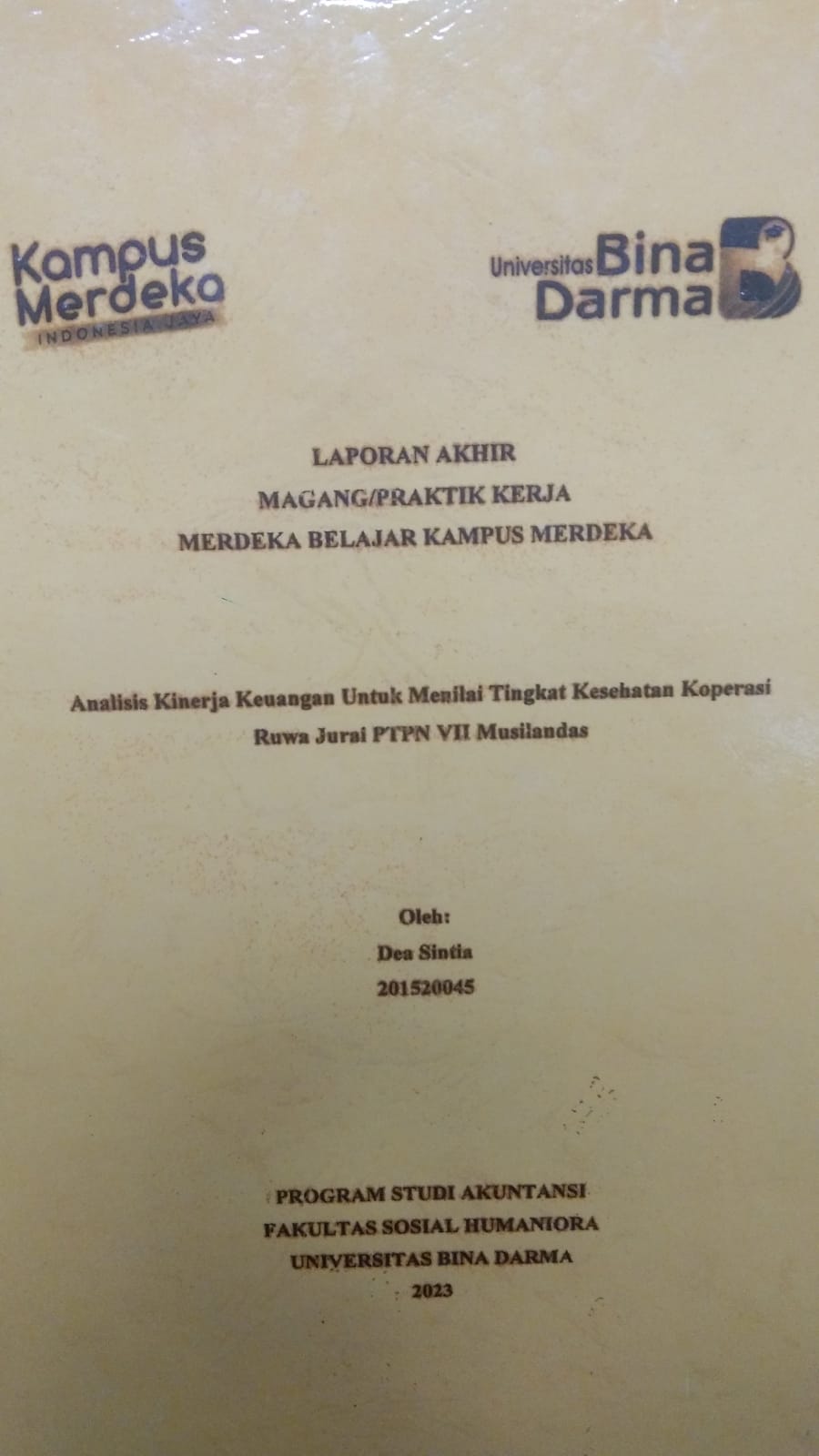 Cover ANALISIS KINERJA KEUANGAN UNTUK MENILAI TINGKAT KESEHATAN KOPERASI RUWA JURAI PTPN VII MUSILANDAS / DEA SINTIA