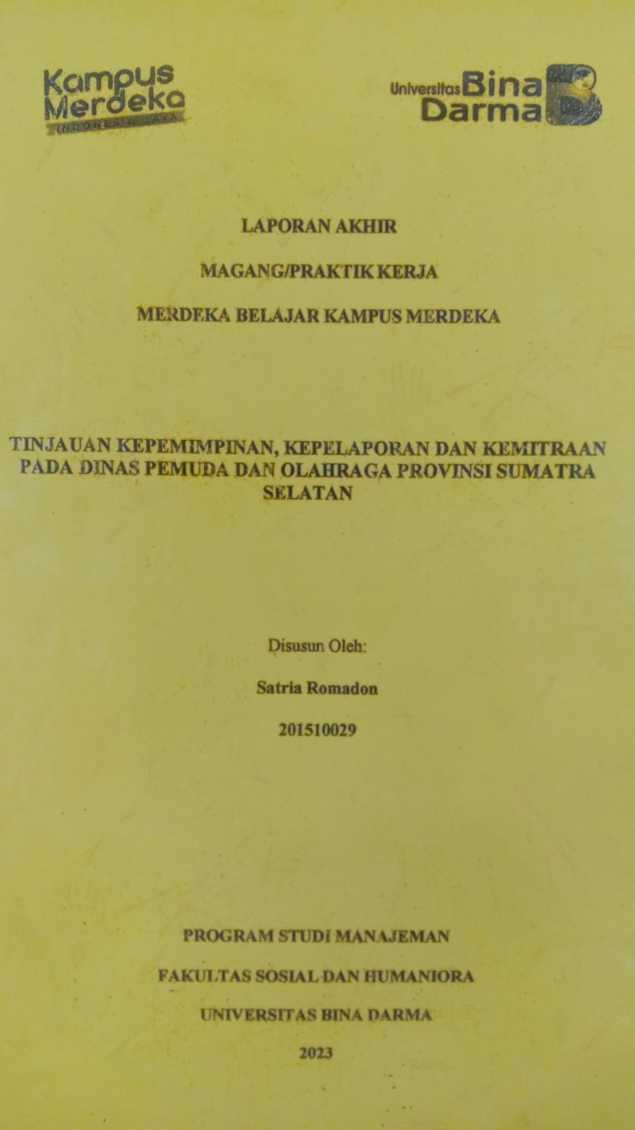 Cover TINJAUAN KEPEMIMPINAN,KEPELAPORAN DAN KEMITRAAN PADA DINAS PEMUDA DAN OLAHRAGA PROVINSI SUMATERA SELATAN / SATRIA ROMADON