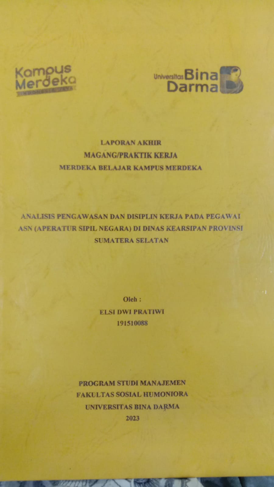 Cover ANALISIS PENGAWASAN DAN DISIPLIN KERJA PADA PEGAWAI ASN (APARATUR SIPIL NEGARA) DI DINAS KEARSIPAN PROVINSI SUMATERA SELATAN / ELSI DWI PRATIWI