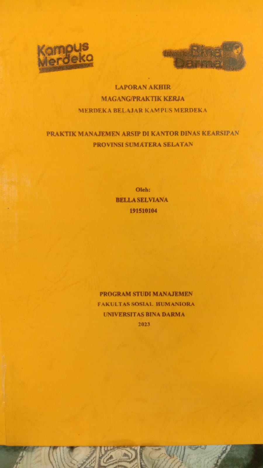 Cover PRAKTIK MANAJEMEN ARSIP DI KANTOR DINAS KEARSIPAN PROVINSI SUMATERA SELATAN / BELLA SELVIANA