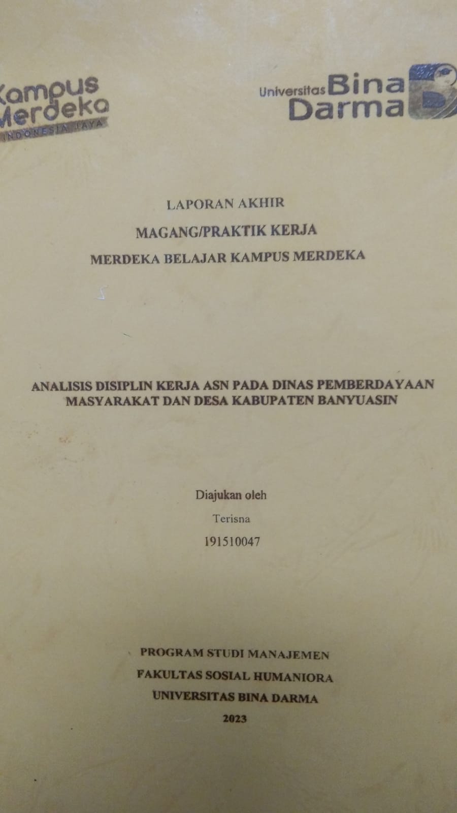 Cover ANALISIS DISIPLIN KERJA ASN PADA DINAS PEMBERDAYAAN MASYARAKAT DAN KABUPATEN BANYUASIN / TERISNA