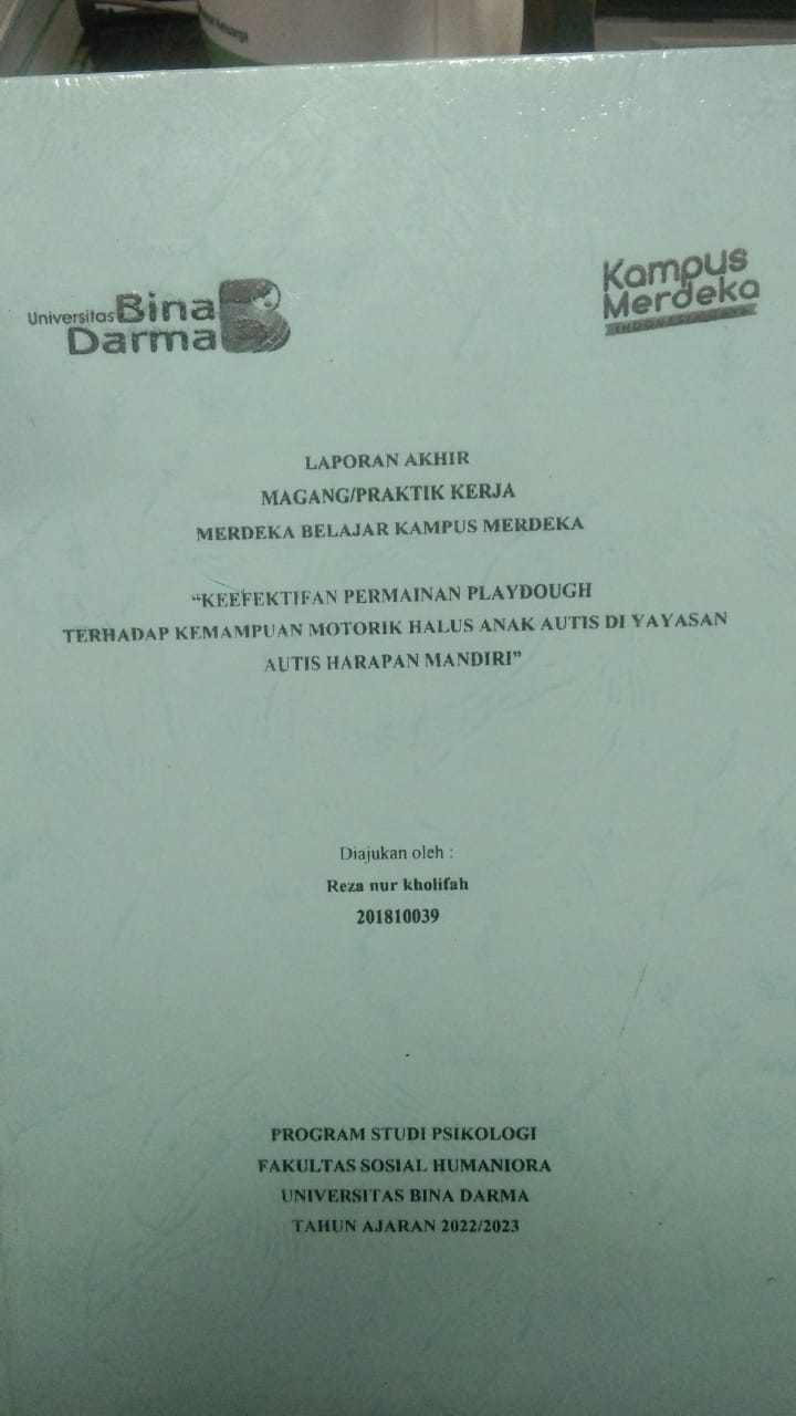 Cover KEEFEKTIFAN PERMAINAN PLAYDOUGH TERHADAP KEMAMPUAN MOTORIK HALUS ANAK AUTIS DI YAYASAN AUTIS HARAPAN MANDIRI / REZA NUR KHOLIFAH