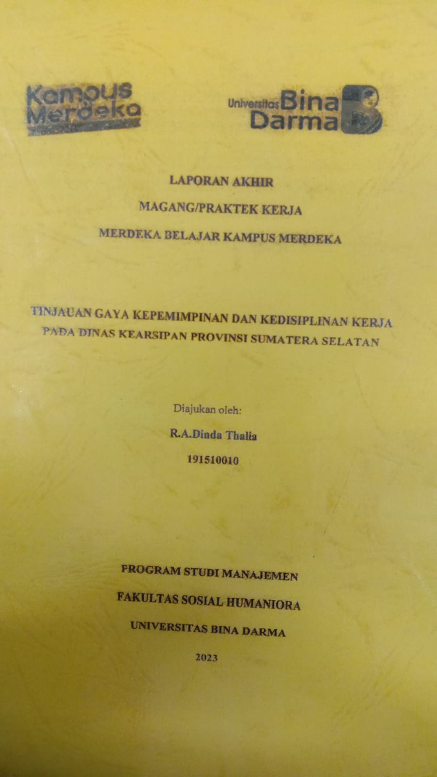 Cover TINJAUAN GAYA KEPEMIMPINAN DAN KEDISPILINAN KERJA PADA DINAS KEARSIPAN PROVINSI SUMATERA SELATAN / R.A.DINDA THALIA