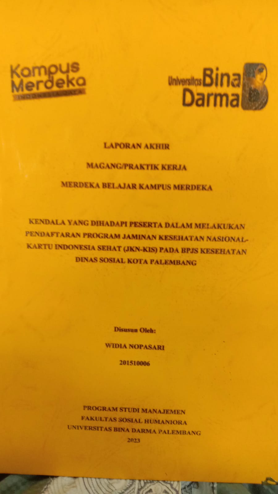 Cover KENDALA YANG DIHADAPI PESERTA DALAM MELAKUKAN PENDAFTARAN PROGRAM  JAMINAN KESEHATAN NASIONAL-KARTU INDONESIA SEHAT (JKN-KIS) PADA  BPJS KESEHATAN DINAS SOSIAL KOTA PALEMBANG / WIDIA NOPASARI