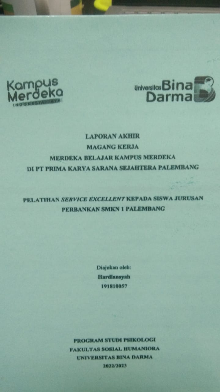 Cover PELATIHAN SERVICE EXCELLENT KEPADA SISWA JURUSAN PERBANKAN SMKN 1 PALEMBANG / HARDIANSYAH