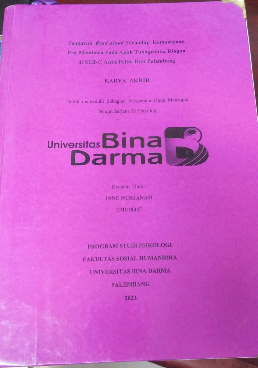 Cover PENGARUH READ ALOUD TERHADAP KEMAMPUAN PRA-MEMBACA PADA ANAK TUNAGRAHITA RINGAN DI SLB-C AUTIS PELITA HATI PALEMBANG / Inne Nurjanah