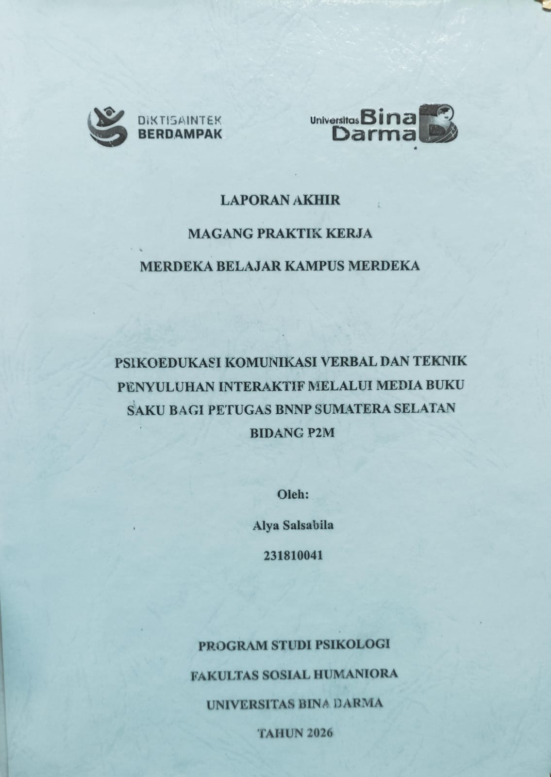 Cover PSIKOEDUKASI KOMUNIKASI VERBAL DAN TEKNIK PENYULUHAN INTERAKTIF MELALUI MEDIA BUKU SAKU BAGI PETUGAS BNNP SUMATERA SELATAN BIDANG P2M / ALYA SALSABILA