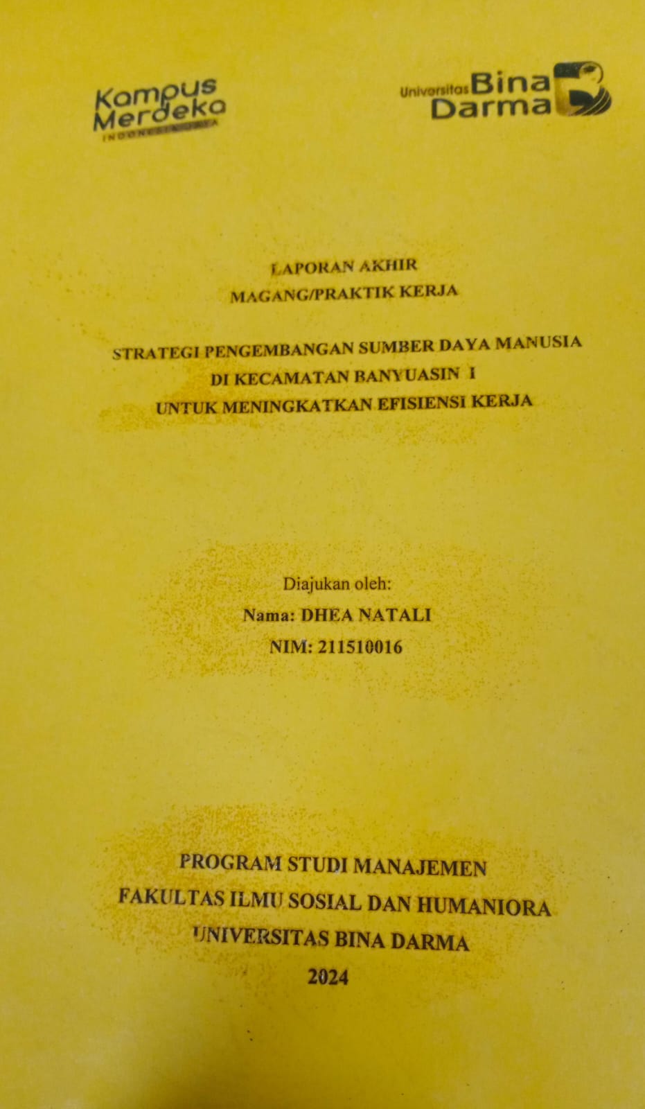 Cover STRATEGI PENGEMBANGAN SUMBER DAYA MANUSIA DI KECAMATAN BANYUASIN 1 UNTUK MENINGKATKAN EFISIENSI KERJA / Dhea Natali (211510016)