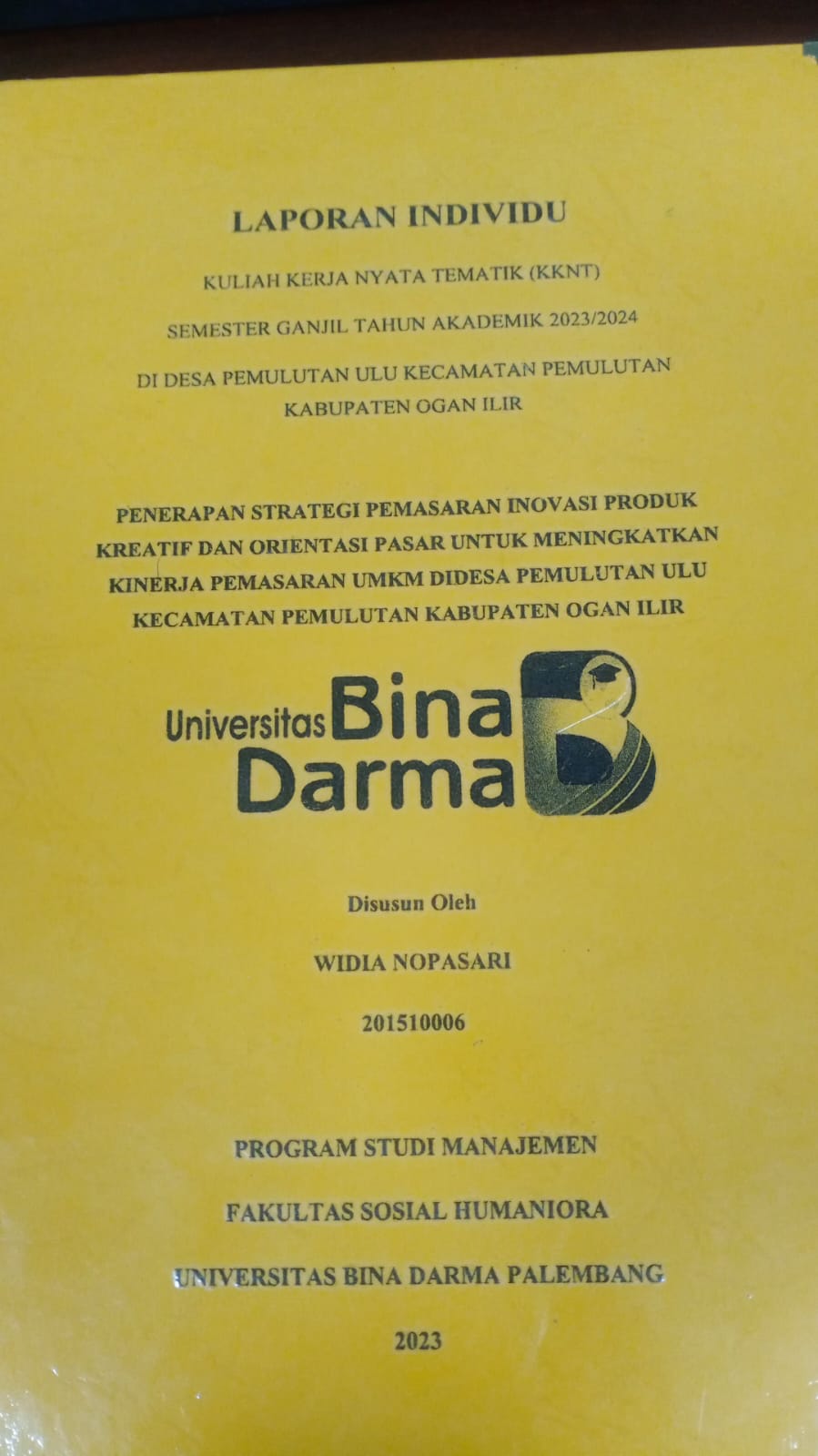 Cover PENERAPAN STRATEGI PEMASARAN INOVASI PRODUK KREATIF DAN ORIENTASI PASAR UNTUK MENINGKATKAN KINERJA PEMASARAN UMKM DI DESA PEMULUTAN ULU KECAMATAN PEMULUTAN KABUPATEN OGAN ILIR / Widia Nopasari (201510006)