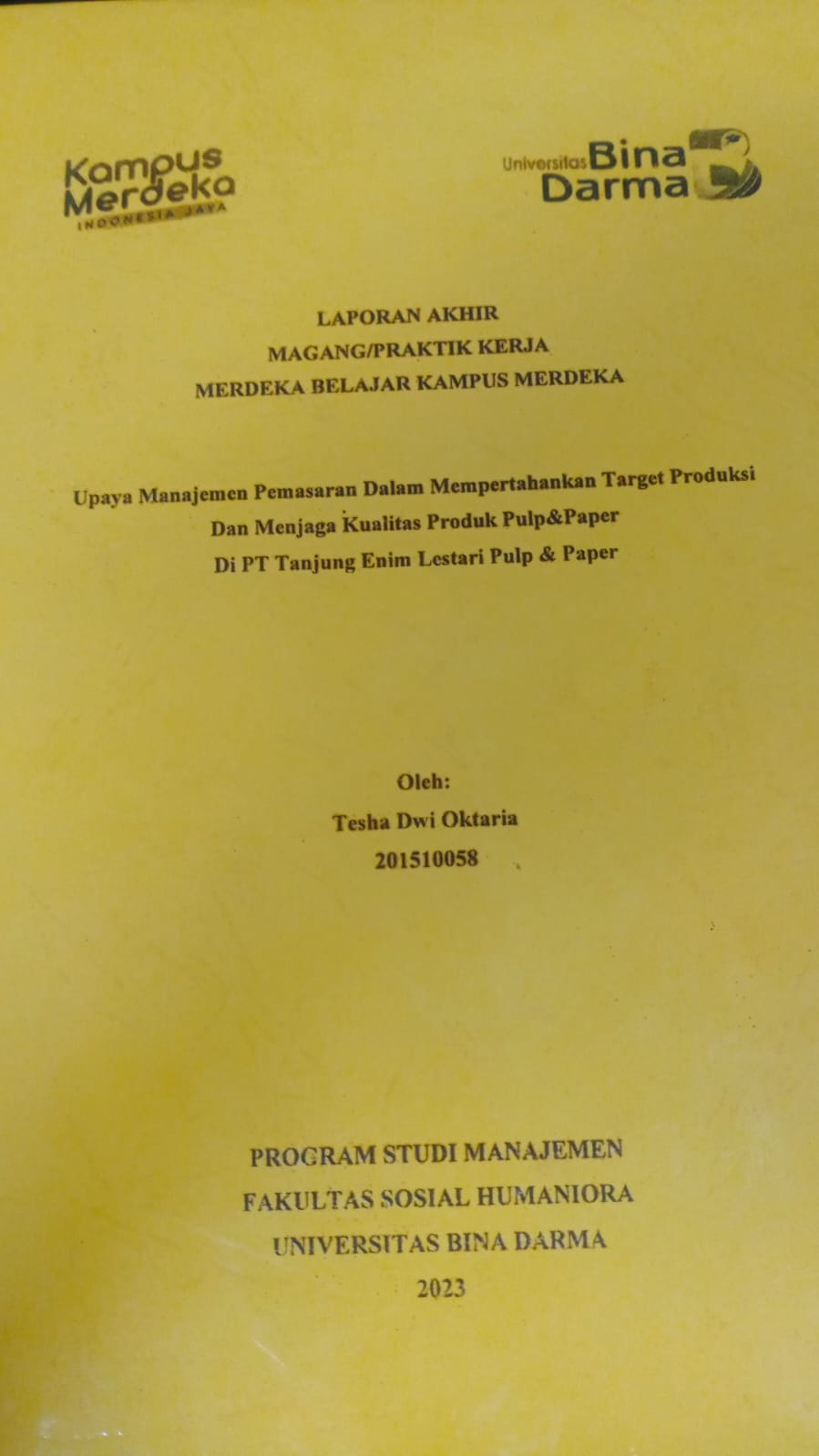 Cover UPAYA MANAJEMEN PEMASARAN DALAM MEMPERTAHANKAN TARGET PRODUKSI DAN MENJAGA KUALITAS PRODUK PULP&PAPER DI PT TANJUNG ENIM LESTARI PULP&PAPER / Tesha Dwi Oktaria (201510058)