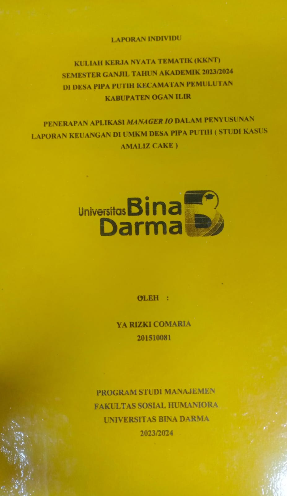 Cover PENERAPAN APLIKASI MANAGER 10 DALAM PENYUSUNAN LAPORAN KEUANGAN DI UMKM DESA PIPA PUTIH ( STUDI KASUS AMALIZ CAKE ) / Ya Rizki Comaria (201510081)