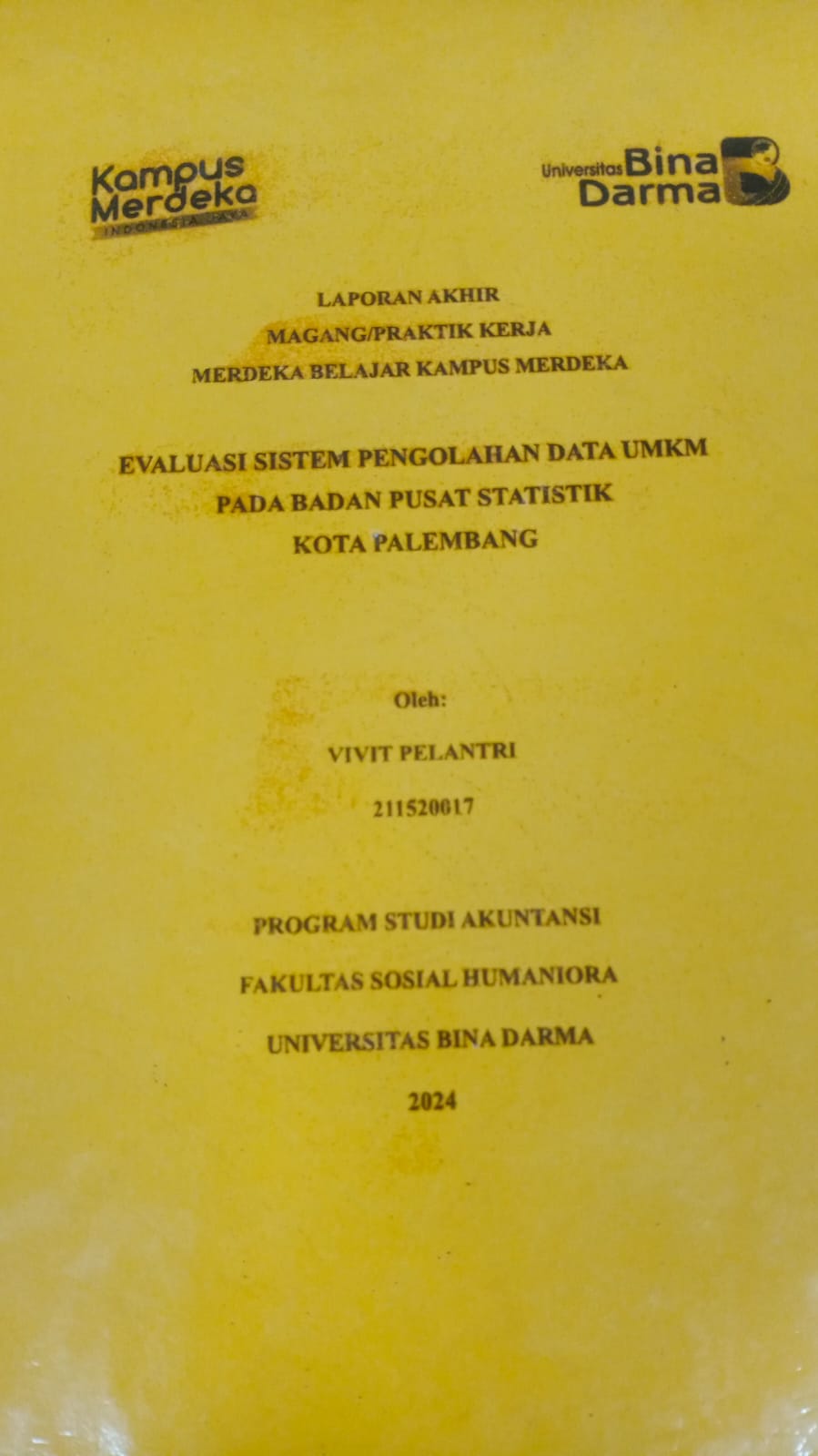 Cover EVALUASI SISTEM PENGOLAHAN DATA UMKM PADA BADAN PUSAT STATISTIK KOTA PALEMBANG / Vivit Pelantri (211520017)