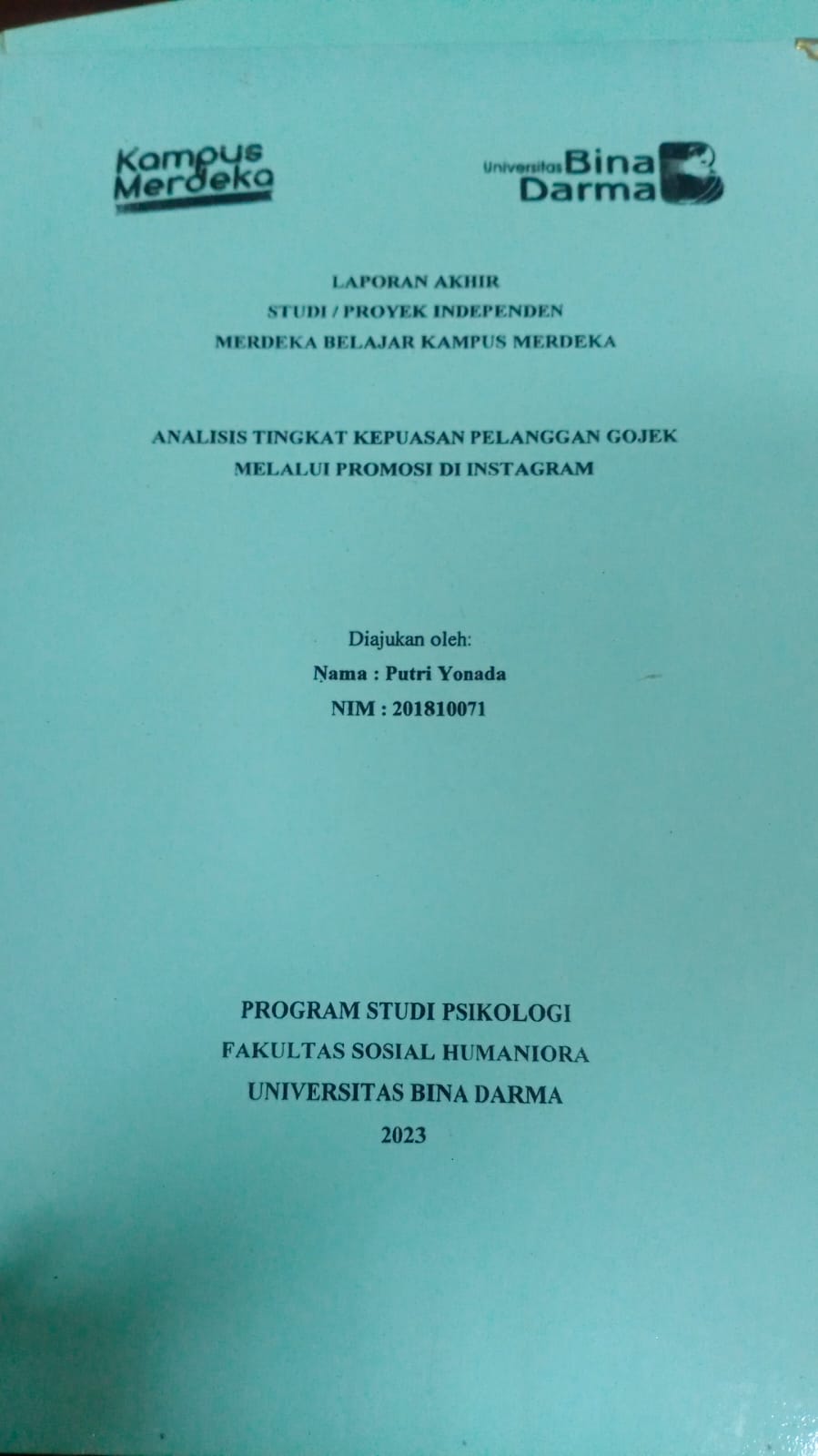 Cover ANALISIS TINGKAT KEPUASAN PELANGGAN GOJEK MELALUI PROMOSI DI INSTAGRAM / Putri Yonada (201810071)