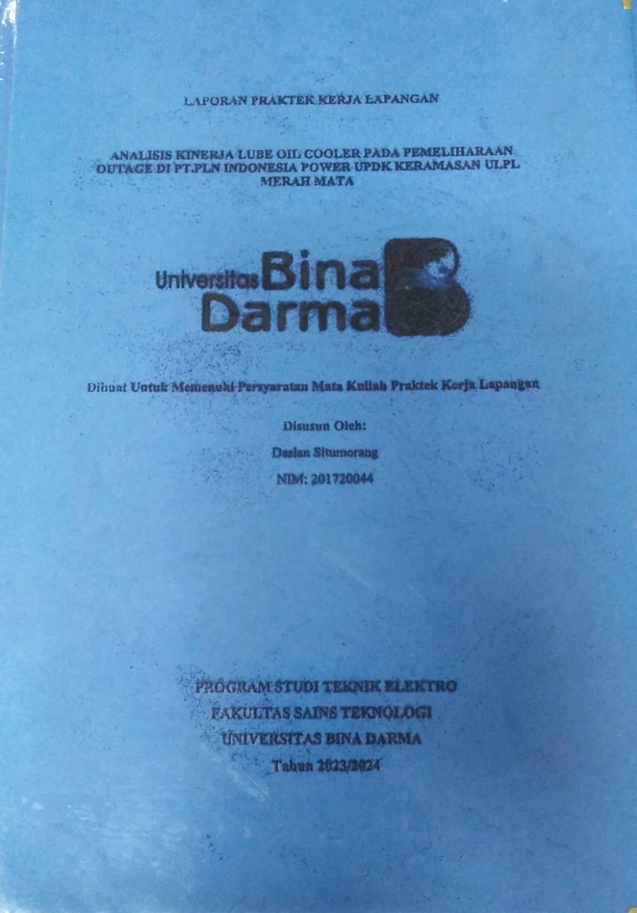 Cover ANALISIS KINERJA LUBE OIL COOLER PADA PEMELIHARAAN OUTAGE DI PT.PLN INDONESIA POWER UPDK KERAMASAN ULPL MERAH MATA / Deslan Situmorang