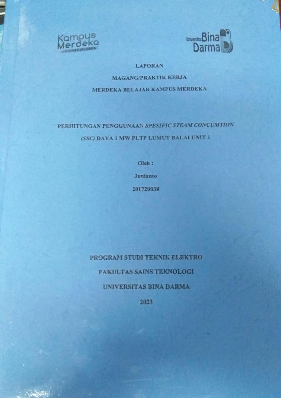 Cover PERHITUNGAN PENGGUNAAN SPESIFIC STEAM CONCUMTION (SSC) DAYA 1 MW PLTP LUMUT BALAI UNIT 1 / Junianto