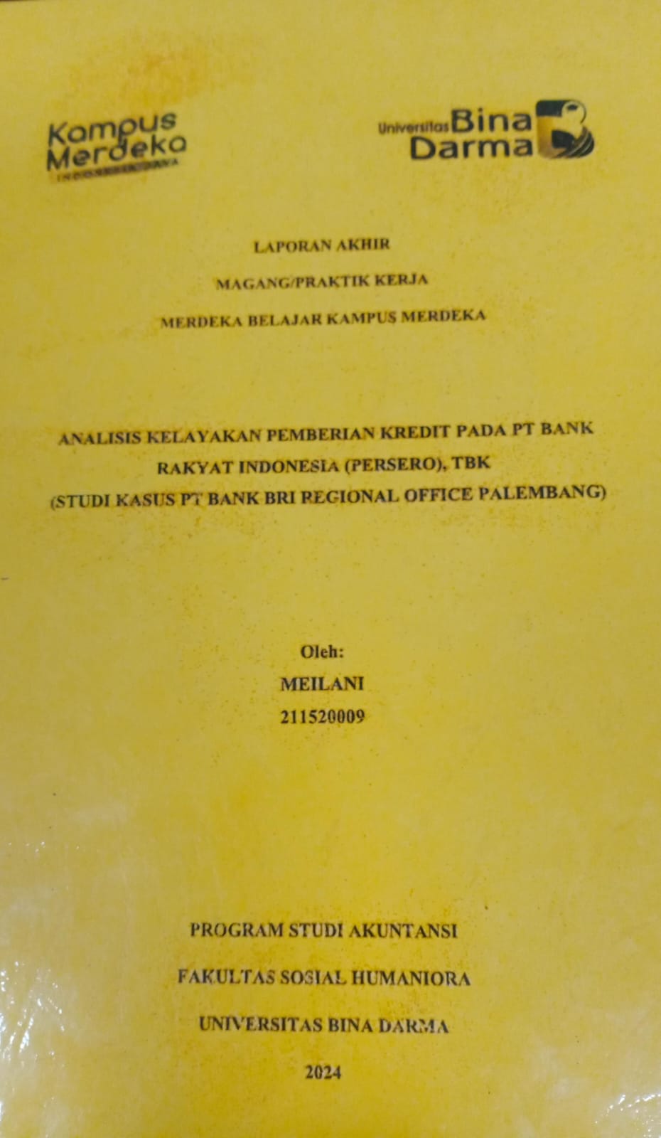 Cover ANALISIS KELAYAKAN PEMBERIAN KREDIT PADA PT BANK RAKYAT INDONESIA (PERSERO), TBK (STUDI KASUS PT BANK BRI REGIONAL OFFICE PALEMBANG) / Meilani (211520009)