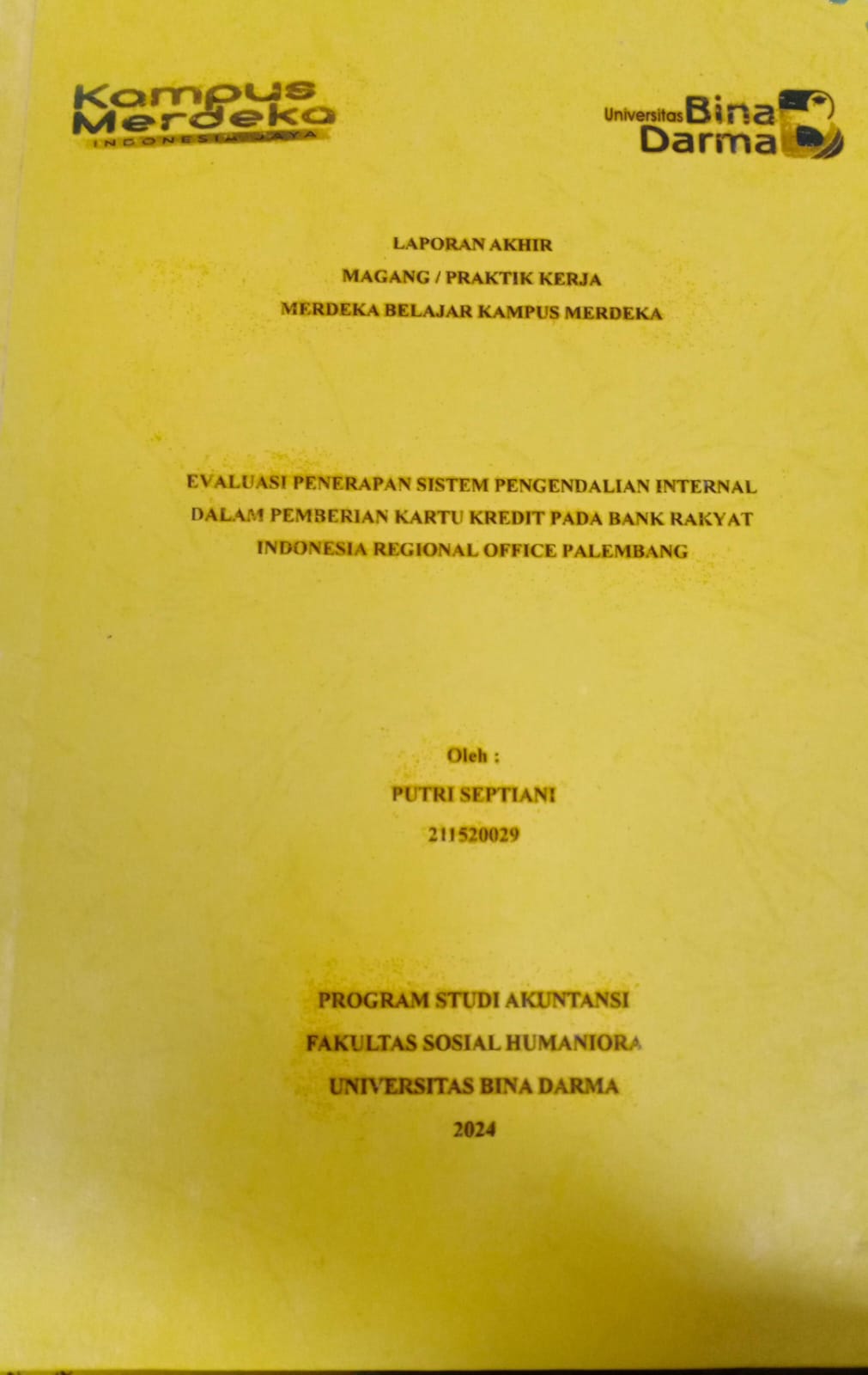 Cover EVALUASI PENERAPAN SISTEM PENGENDALIAN INTERNAL DALAM PEMBERIAN KARTU KREDIT PADA BANK RAKYAT INDONESIA REGIONAL OFFICE PALEMBANG / Putri Septiani (211520029)