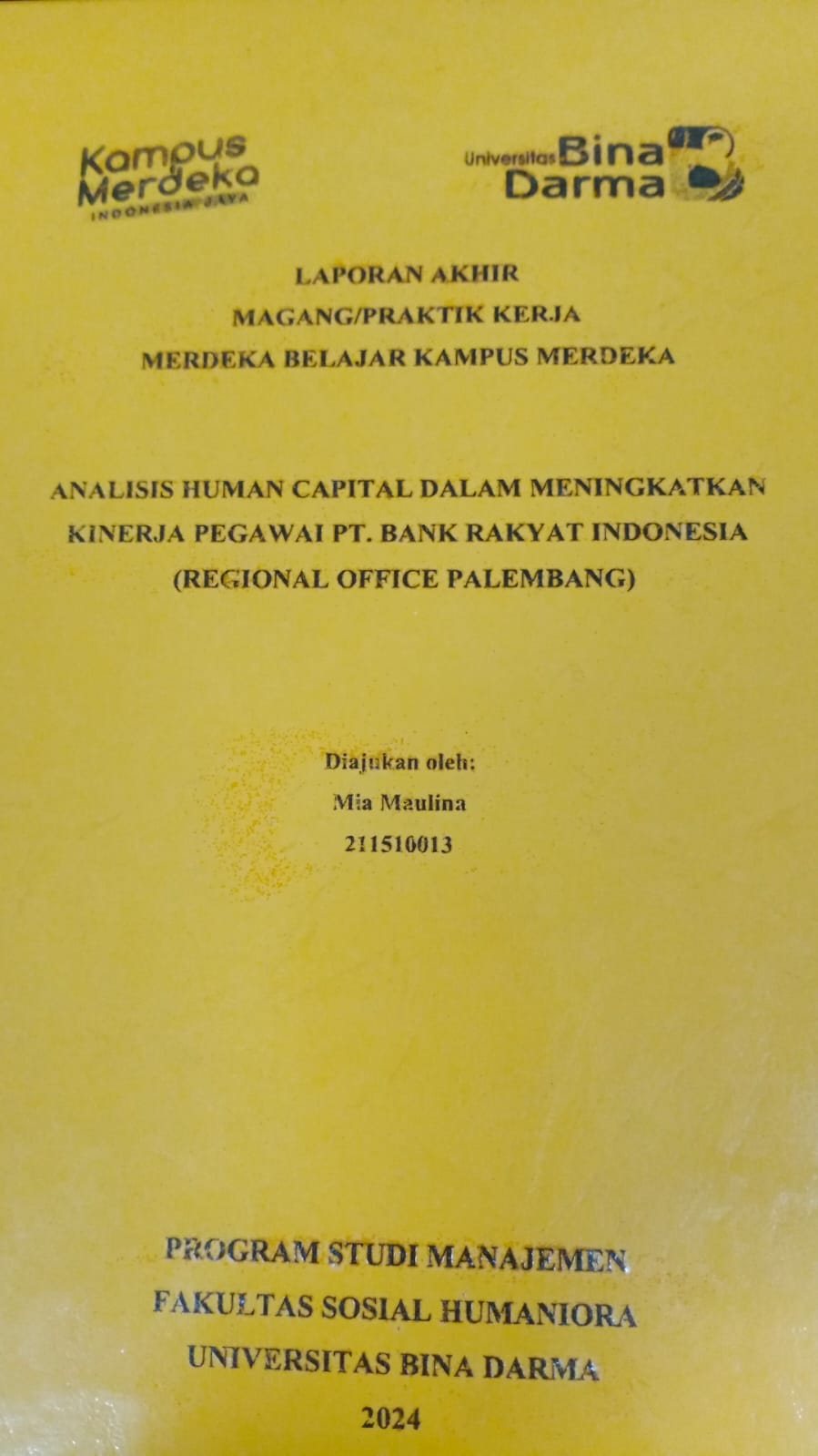 Cover ANALISIS HUMAN CAPITAL DALAM MENINGKATKAN KINERJA PEGAWAI PT. BANK RAKYAT INDONESIA (REGIONAL OFFICE PALEMBANG) / Mia Maulina (211510013)
