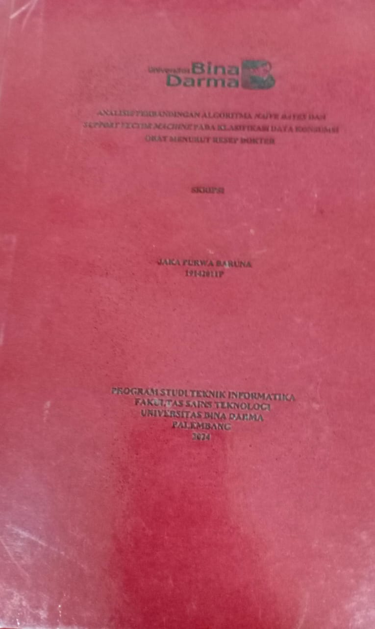 Cover ANALISIS PERBANDINGAN ALGORITMA NAIVE BAYES DAN SUPPORT VECTOR MACHINE PADA KLASIFIKASI DATA KONSUMSI OBAT MENURUT RESEP DOKTER / Jaka Purwa Baruna (19142011P)