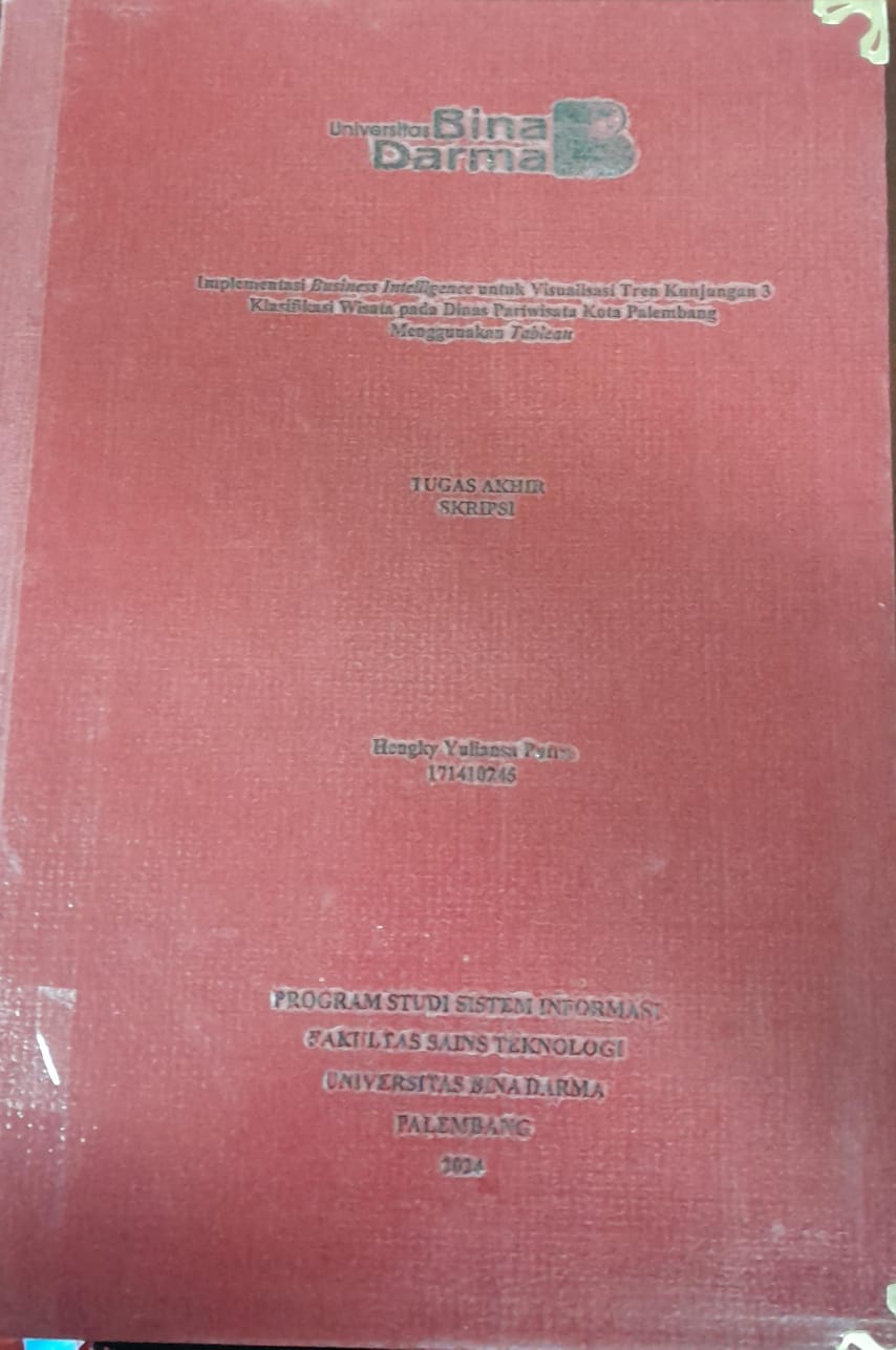 Cover IMPLEMENTASI BUSINESS INTELLEGENCE UNTUK VISUALISAI TREN KUNJUNGAN 3 KLASIFIKASI WISATA PADA DINAS PARIWISATA KOTA PALEMBANG MENGGUNAKAN TAMBLEAU / Hengky Yuliansa Putra 171410245