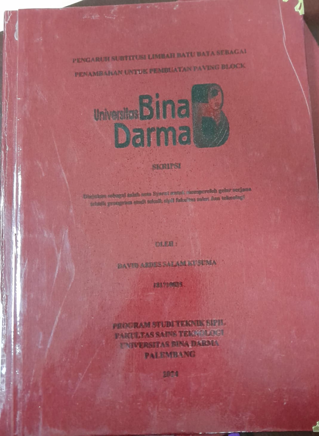 Cover PENGARUH SUBSITUSI LIMBAH BATU BATA SEBAGAI PENAMBAHAN UNTUK PEMBUATAN PAVING BLOCK / David Abdes Salam Kusuma 181710035