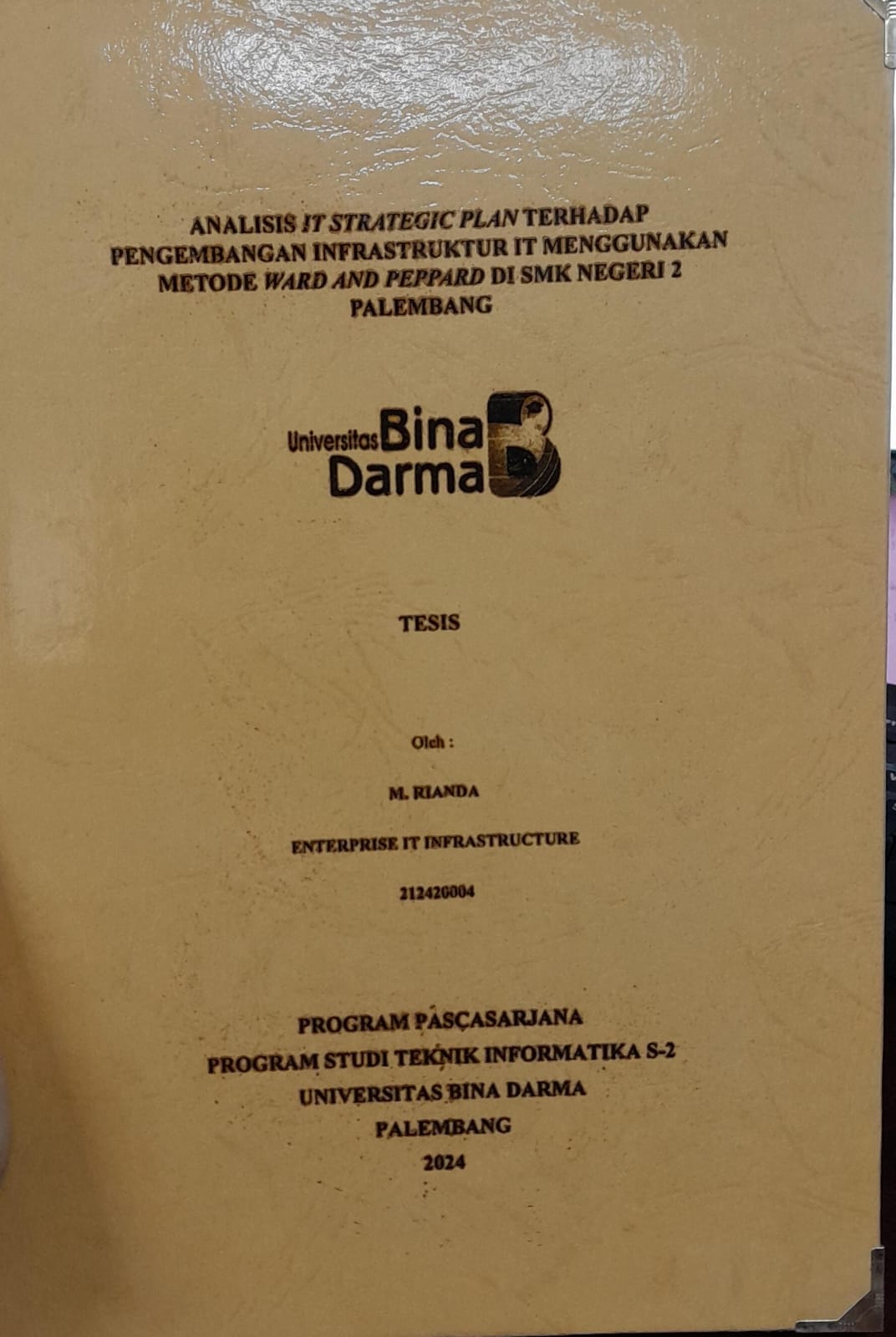 Cover ANALISIS IT STRATEGIC PLAN TERHADAP PENGEMBANGAN INFRASTRUKTUR IT MENGGUNAKAN METODE WARD AND PERPARD DI SMK NEGERI 2 PALEMBANG / M.Riandi 212420004