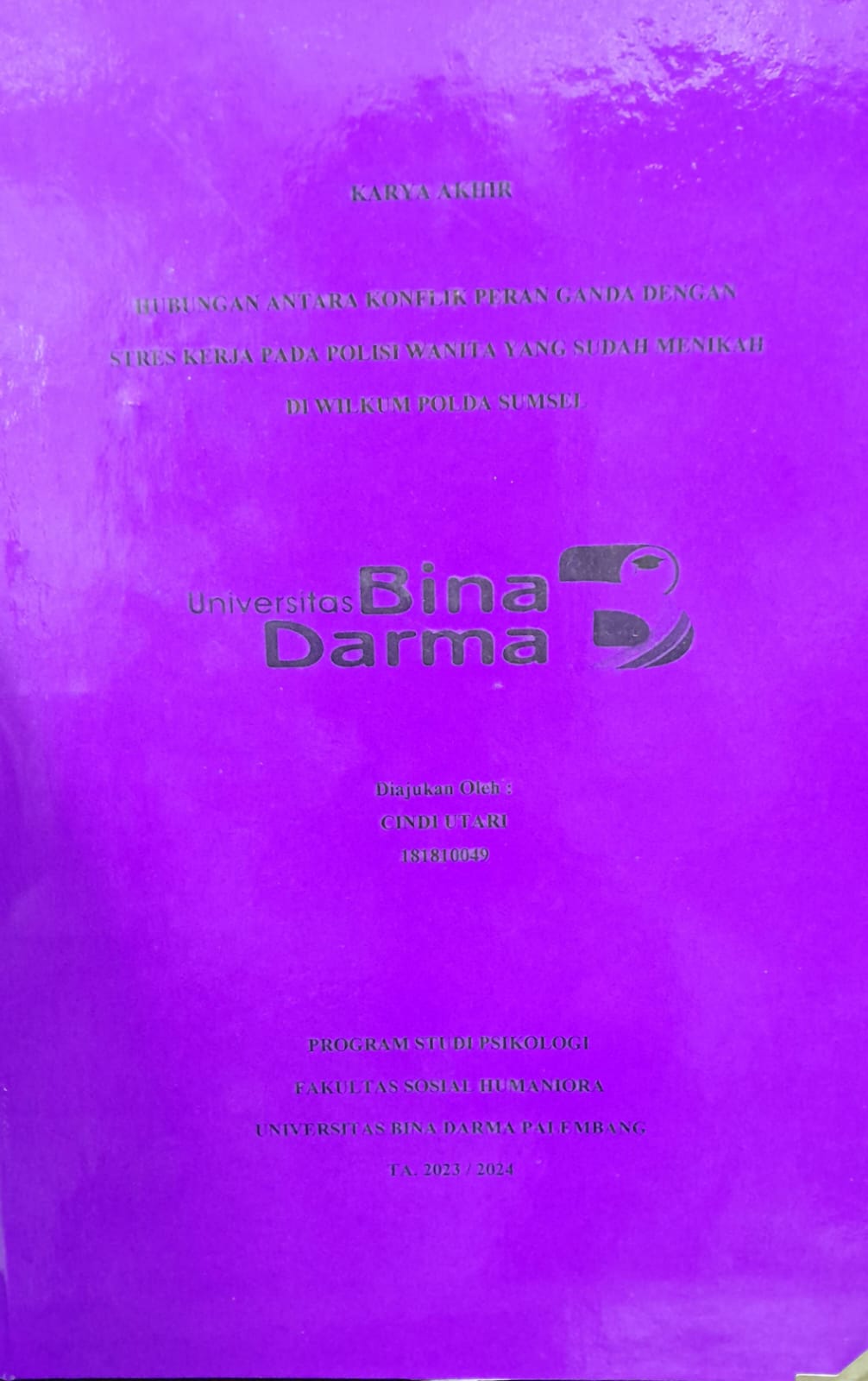 Cover HUBUNGAN ANTARA KONFLIK PERAN GANDA DENGAN STRES KERJA PADA POLISI WANITA YANG SUDAH MENIKAH DI WILKUM SUMSEL / Cindi Utari 181810049