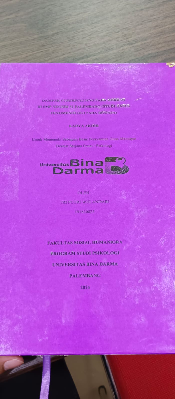 Cover DAMPAK CYBERBULLYING PADA KORBAN  DI SMP NEGERI 51 PALEMBANG (STUDI KASUS FENOMENOLOGY PADA REMAJA) / Tri Putri Wulandari