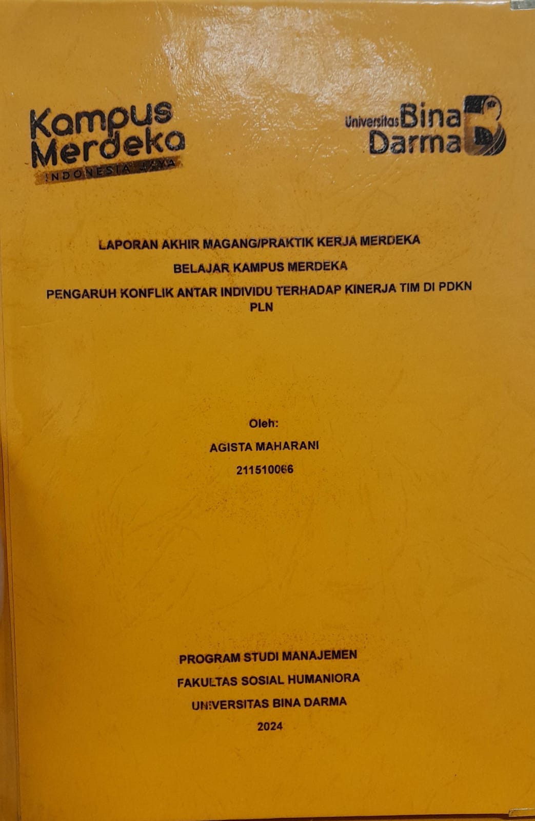 Cover PENGARUH KONFLIK ANTARA INDIVIDU TERHADAP KINERJA TIM DI PDKN PLN / Agista Maharani 211510066