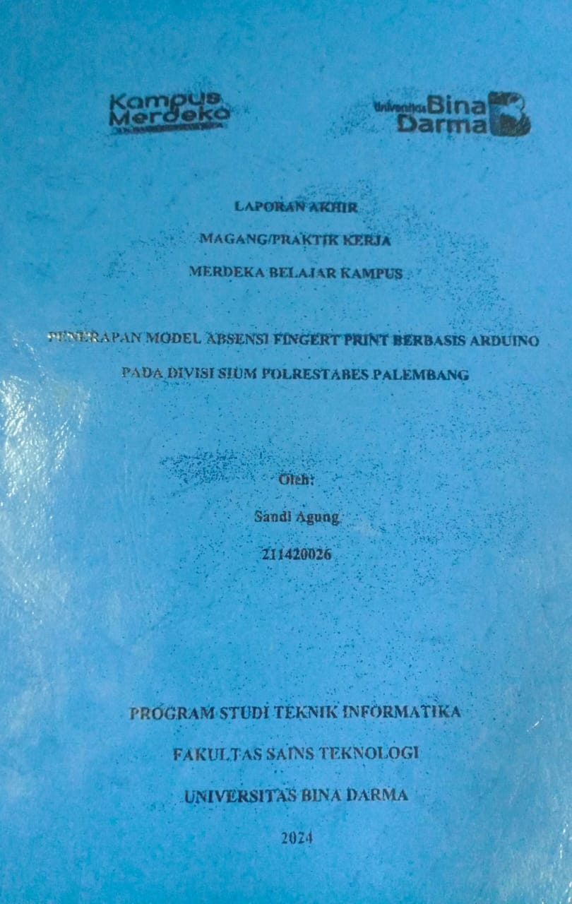 Cover PENERAPAN MODEL ABSENSI FINGERT PRINT BERBASIS ARDUINO PADA DIVISI SIUM POLRESTABES PALEMBANG / Sandi Agung (211420026)