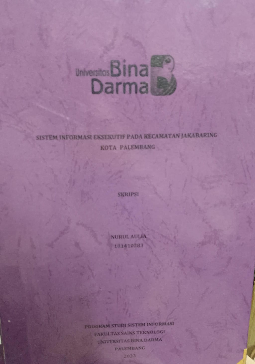 Cover SISTEM INFORMASI EKSEKUTIF PADA KECAMATAN JAKABARING KOTA PALEMBANG / Nurul Aulia (181410283)
