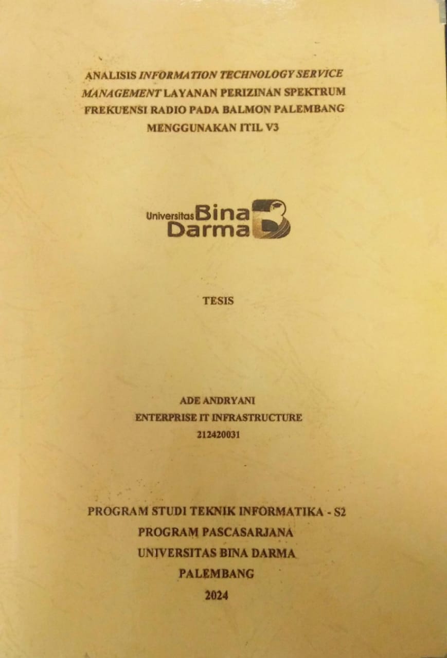 Cover ANALISIS INFORMATION TECHNOLOGY SERVICE MANAGEMENT LAYANAN PERIZINAN SPEKTRUM FREKUENSI RADIO PADA BALMON PALEMBANG MENGGUNAKAN ITIL V3 / Ade Andryani