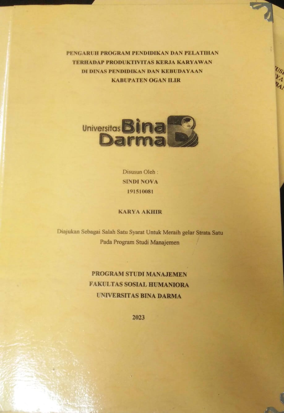 Cover PENGARUH PROGRAM PENDIDIKAN DAN PELATIHAN TERHADAP PRODUKTIVITAS KERJA KARYAWAN DI DINAS PENDIDIKAN DAN KEBUDAYAAN KABUPATEN OGAN ILIR / Sindi Nova