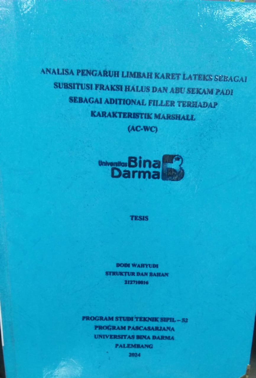 Cover ANALISA PENGARUH LIMBAH KARET LATEKS SEBAGAI SUBSTITUSI HALUS DAN ABU SEKAM PADI SEBAGAI ADITIONAL FILLER TERHADAP KARAKTERISTIK MARSHALL (AC-WC) / Dodi Wahyudi