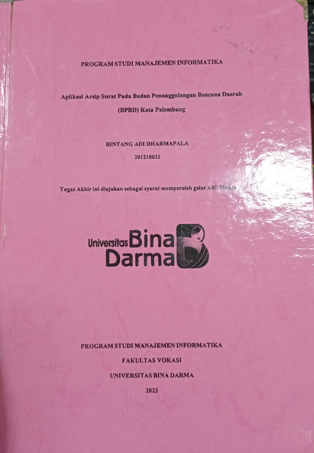 Cover APLIKASI ARSIP SURAT PADA BADAN PENANGGULANGAN BENCANA DAERAH (BPBD) KOTA PALEMBANG / Bintang Adi Dharmapala 201210021